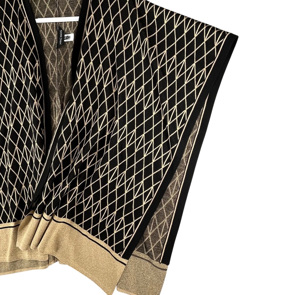MING WANG Black Gold Diamond Pattern Open Front Kimono Cardigan Cape‎ One Size - Picture 9 of 10
